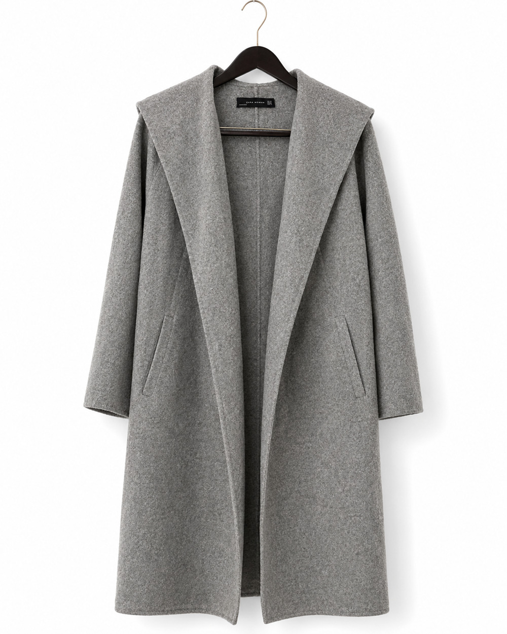 ZARA BASIC Women’s Herringbone Belted Wrap Coat w/ Hood Gray Black Size M